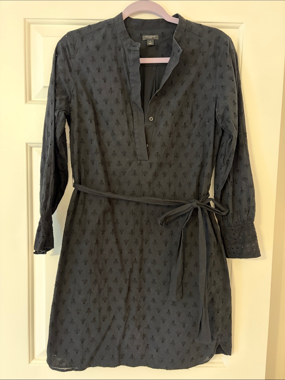Ann Taylor Black Embroidered Dress with Tie Belt